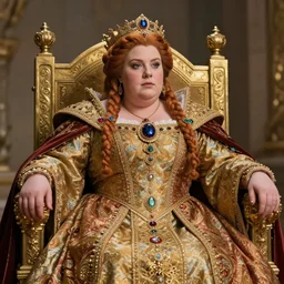 a very beautiful and authoritative dwarven queen on her throne, chubby stocky plump, very intricate braided hair, royal brocade dress, by arthur rackham, ed binkley, gemstones and gold, 4 k, soft lighting, vibrant, sharp focus, detailed, realistic