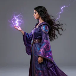 side profile portrait, medium shot, maya ali, lightning storm sorcerer, gloomhaven, fantasy robe, colorful swirly magic ripples, pastel colours, by greg manchess, huang guangjian, sachin teng, greg rutkowski, jesper ejsing, ilya kuvshinov