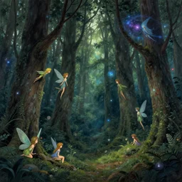 An ultra detailed illustration of a forest by Dan Mumford, fairies and cosmic creatures in the trees
