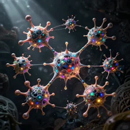 quantum connections represented as symbiotic organisms like cells playing around with colorful lights by ernst haeckel, dark