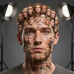 a human face made out of a multitude of hundred human faces, studio lighting, very detailed, unreal engine, high quality, photography, professional lighting, good composition, rule of thirds, winning award render, realistic
