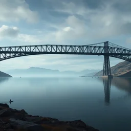 a singular very long black bridge, spanning across a big lake, scenic view, dark fantasy matte painting by marc simonetti trending on artstation