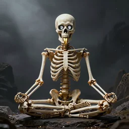 a skeleton yogi sitting in lotus position with diamonds in its eye sockets and a golden tongue sticking out of its mouth