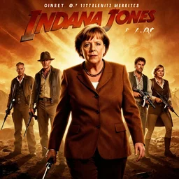 movie poster, angela merkel as indiana jones, riders of the lost ark, by drew struzan