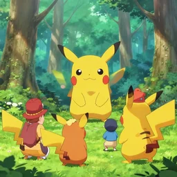 group of people worshipping pikachu in the forest, 4 k