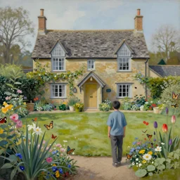 a gorgeous, fantastic, english country cottage garden by michael kidd, escher, victo ngai, ( thomas kincade ), butterflies, trending on artstation, artgerm, acrylic on canvas, muted colors