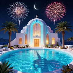 🌟🌜fireworks, Art Deco, in SANTORINI island, palm trees, crystal clear neon water, starry night, Trending artstation, octane render, cgsociety, surrealist, cinematic, shadow of the tomb rider