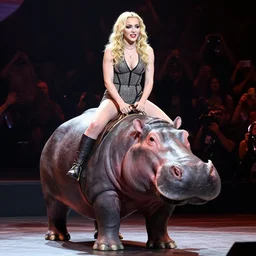 photograph of Madonna Ciconne riding a Hippo during a concert performance