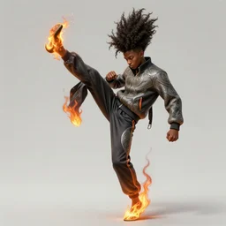 a highly detailed illustration of young black guy with tall hair wearing tracksuit with flaming feet, heroic kicking pose, intricate, elegant, highly detailed, centered, digital painting, artstation, concept art, smooth, sharp focus, league of legends concept art, wlop