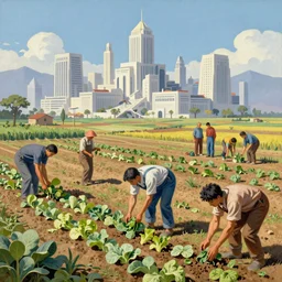 a mixed media painting of a country nepal in year 2 0 7 7 in overalls planting a field of vegetable crops, minimalist, a ruined futuristic art deco city sits in the distance, by frank frazetta, greg rutkowski, beeple, yoko taro, christian macnevin, beeple, wlop and krenz cushart, epic fantasy character art, volumetric outdoor lighting, midday, high fantasy, cgsociety, cheerful colours, full length, exquisite detail, post - processing, masterpiece, cinematic
