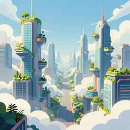 a beautiful and immaculate futuristic fantasy sky city in the clouds. skyscrapers with plants spilling out from rooftop gardens. view from afar. vector rendering. outrun style. leading lines. vanishing point. trending on artstation. by chris moore. beeple colors.