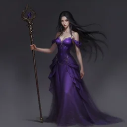 a woman in a purple dress holding a staff, concept art by li fangying, artstation contest winner, fantasy art, dark and mysterious, artstation hd, concept art