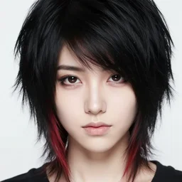 a pale emo girl with short messy black hair, a red streak, soft facial features, sideswept bangs, 2 0 0 8, myspace photo