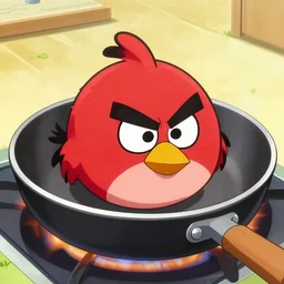angry bird in a pan, picture from food wars anime