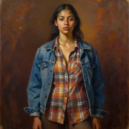 detailed full body portrait in strong femininity, ethnic, realistic face sculpted features, statuesque model, worn plaid shirt untucked and denim jacket, warm glow, bathed in light, filmic, chiaroscuro, specular highlights, angular impressionism, radiosity, deep rich tones, contemporary art, oil on canvas