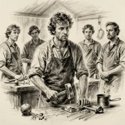 film scene, charcoal sketch of charlie day, a blacksmith holding a hammer, casey baugh, louis smith, jeff haines, jeremy lipking