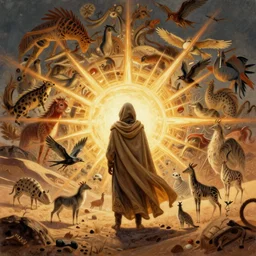 centered illustration of a person with a cloak in your camp, one character, intrincate, fauna in the ambient, desert, art by jean giraud and moebius