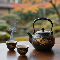 ceremony of tea, garden, traditional japanese tea pot, two smoky cup of tea on a wood table, smoky autumn lightings, japanese garden background, micro details, ( ( ( intricate ) gold details ) ), photorealism, crisp, hasselblad camera, by annie leibovitz