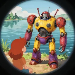 wholesome animation key shot, fish eye lens, intricate, redhead explore, yellow, purple, red rusty robot schwerer gustav!!!!, lake, ambient occlusion, studio ghibli, pixar, disney concept art watercolor illustration by dao le trong, daniela uhlig, craig mullins, sorolla, dean cornwell, nc wyeth, satoshi kon!