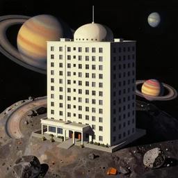 a psychedelic hallucination of a brutalist hotel on the surface of an asteroid near saturn, by kawase hasui, moebius, edward hopper, colorful flat surreal design, dramatic lighting, hd, 8 k, artstation