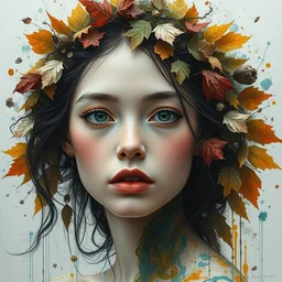 wide portrait of beautiful girl by irakli nadar with intricate detailed color smashing fluid oil paint and acrylic, moss and dried autumn leaves headdress, melting wax, mycelia, abstract impressionism, ruan jia, fantasy, hyper detailed, concept art, by gustav klimt
