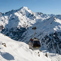 aerial ropeway, the snowy mountains at backscene, clear weather