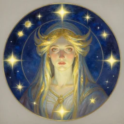 a highly detailed portrait painting of a circle of the stars female druid, bright shining light, by greg rutkowski and alphonse mucha, sharp focus, matte, concept art, artstation, digital painting
