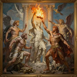 Prometheus stealing fire from the Gods on Mount Olympus. In the style of an awe-inspiring Bruce Pennington Thomas Cole and Grimshaw digital art mural painting. unreal engine, 4k, octane render, matte, exquisite detail