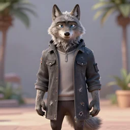 portrait, 3d render , anthropomorphic wolf male , wearing a torn knee length jacket , in the style of Zootopia