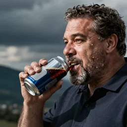 Neil Degrasse Tyson biting the side of a can of soda, detailed, realistic photo