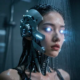 photo of soulful female as a cyberpunk mecha humanoid robotic head and face parts with bright led lights, small light emitting cables over face, under a shower, wet skin with water dripping down face, ultra - realistic and detailed, long exposure 8 k