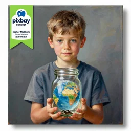 a boy holding a glass jar with a globe in it, a photorealistic painting by eszter mattioni, pixabay contest winner, ecological art, global illumination, studio photography, studio portrait