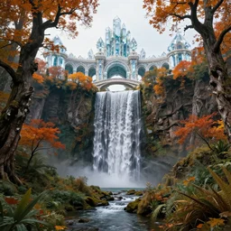 a gigantic PALACE made of CRYSTAL stone with arches and bridge on top of a WATERFALL in the fall , gnarly trees, lush vegetation,  a small stream runs beneath the waterfall, landscape, raphael lacoste, eddie mendoza, alex ross, concept art, matte painting, highly detailed, rule of thirds, dynamic lighting, cinematic, detailed, denoised, centerd