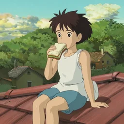 a girl sitting on the roof of a building eating a sandwich, anime face, zoomed out, art by hayao miyazaki, studio ghibli film, hi res, 4k, high detail