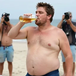 zac efron drinking a beer after gaining weight in retirement, beach photo, chubby, tabloid photo, paparazzi, realistic, beach