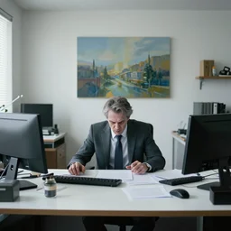 a boss man looking angry at desk, airbrush and oil painting, pale, inside an office, wide shot,