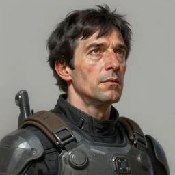 Portrait of a man by Greg Rutkowski, he is about 60 years old, short black hair with bangs, his features are a mix between French, Turkish and Russian, dying, expression of epiphany and realization, he is wearing a futuristic tactical gear, highly detailed portrait, digital painting, artstation, concept art, smooth, sharp foccus ilustration, Artstation HQ.