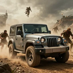Mahindra thar, tribe members attacking, action scene, an epic fantasy, dramatic lighting, cinematic, establishing shot, extremely high detail, photorealistic, cinematic lighting, artstation, matte painting, by christopher nolan, horizon forbidden west