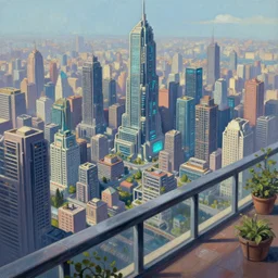 view from the balcony over vast cyberpunk city isometric detailed painting