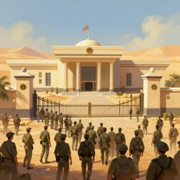 a crowd in front of a | government security facility military gate | in the hot desert trending on artstation digital paint 4 k render