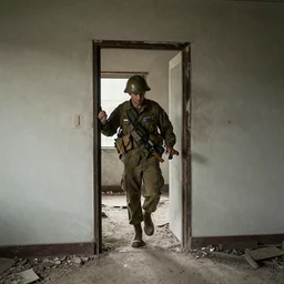 American soldiers entering a ruined apartment, cinematic photography