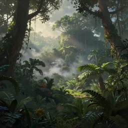 a beautiful painting of the jungle in the morning with lots of smoke, fantasy art, matte painting