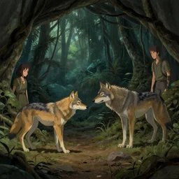 cave interior showing female wolf saying good bye to male wolf as he leaves the cave to go hunting in the evening in an african rainforest, hyper realism, fine details, studio lighting, subtle shadows, rainforest, art by tim okamura, karol bak, nikolay makovsky, satoshi kon, canon eos r 3, f / 1. 4, iso 2 0 0, 1 / 1