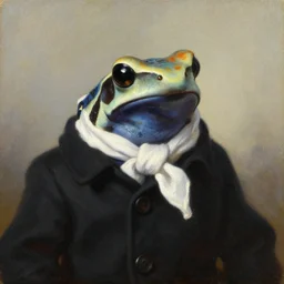 a head - and - shoulders portrait of an amazon milk frog wearing a black buttoned jacket and a white scarf, an american romanticism painting, a portrait painting, cgsociety, soft focus, oil on canvas