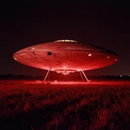 A giant oval UFO looming over a field at night bathing the landscape in a deep red glow in what later became known as the Exeter Incident. Damaged and worn, unsettling atmosphere. 1950's photograph.