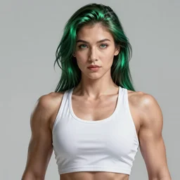 a beautiful female bodybuilder wearing a white tank top. highly detailed portrait, digital painting, sharp focus illustration, unreal engine, artstation hq. intricate, elegant. art by wlop and marvel comics, green iridescent