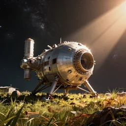 a outside view of abandoned space station in the deep space, cinematic view, epic sky, detailed, concept art, low angle, high detail, warm lighting, volumetric, godrays, vivid, beautiful, trending on artstation, by jordan grimmer, huge scene, grass, art greg rutkowski
