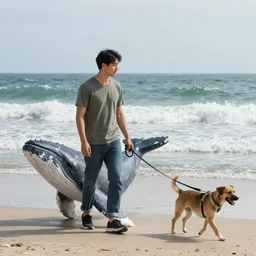 “A photo of a man walking a whale on a leash like a dog”
