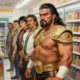 a mexican wrestler in line at the convenience store, digital painting, masterpiece by rembrandt and thomas kinkade and frank frazetta and kentaro miura, by reiq and tite kubo, stylized yet realistic faces and anatomy, advanced lighting technology, beautiful, gorgeous brush strokes