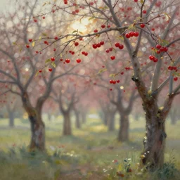 cherry trees bearing fruit. gouache fairytale art, russian romanticism, muted palette, backlighting, depth of field, bokeh.